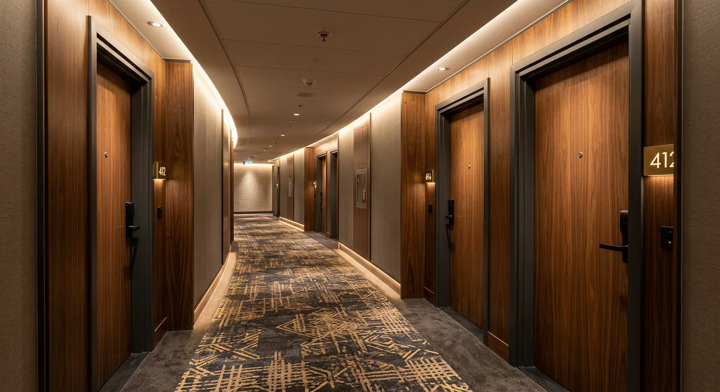 Otel koridorunda koyu renk alüminyum kapı kasaları